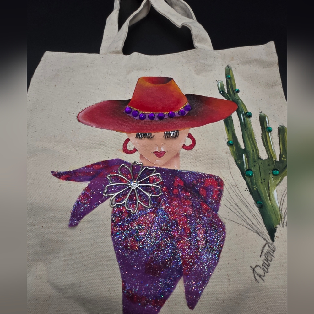 Hand Painted Western Canvas Tote Bag Cowgirl Hat Cactus Rhinestone Boho Purse